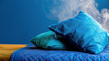 This stock photo features two soft blue pillows resting on a cozy blue bedspread, with gentle steam rising, creating a warm and inviting atmosphere perfect for relaxation.の素材