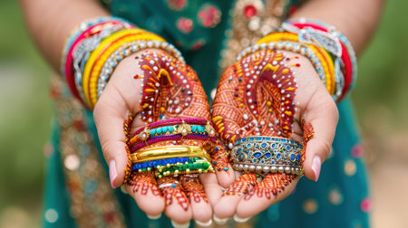 A stunning close-up of beautifully adorned hands featuring intricate mehndi designs and a vibrant collection of bangles, symbolizing cultural celebration.の素材
