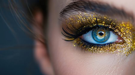 This close-up image features a beautifully detailed eye adorned with glitter makeup in stunning gold and blue hues. It captures the essence of modern beauty and artistic creativity, showcasing elegant eyelashes and vibrant colors that create a captivating visual experience. Perfect for beauty and fashion themes.の素材