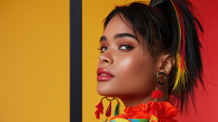 A captivating portrait showcasing a young woman with a vibrant hairstyle, bold accessories, and a confident expression set against striking colorful backgrounds.の素材
