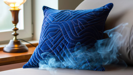 A stylish blue velvet pillow with an intricate quilt design rests on a modern sofa, complemented by a soft smoke effect, enhancing the cozy atmosphere.の素材