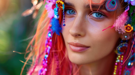 A captivating portrait of a young woman showcasing an array of colorful fashion accessories and vibrant hair, beautifully captured in a nature setting.の素材