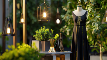 A stunning black dress showcased on a mannequin in an enchanting outdoor environment, surrounded by lush greenery and soft, glowing lights.の素材