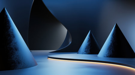 This abstract image features blue conical shapes in a smooth, curved landscape, enhanced by soft lighting that creates an atmosphere of tranquility and modernity.の素材