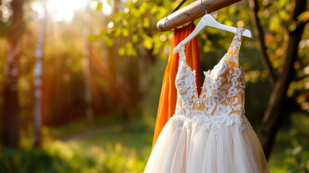 A stunning bridal gown featuring intricate lace details, gracefully hanging outdoors amidst a lush forest, beautifully illuminated by warm sunlight.の素材
