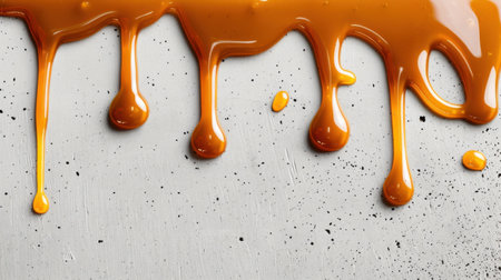 This image features a rich golden liquid drizzling down a textured gray surface. The caramel-like flow highlights the smooth and glossy nature of the sweet ingredient, providing a striking visual ideal for culinary projects.の素材