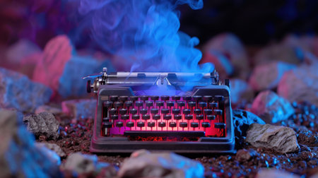 A vintage typewriter emits colorful smoke, creating a surreal atmosphere. Set among rough rocks, this artistic composition explores creativity and inspiration.の素材