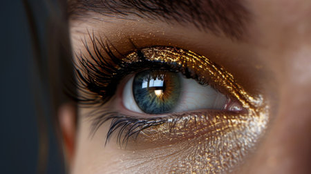 This stunning close-up captures an eye adorned with golden makeup, emphasizing long eyelashes and intricate details against a dark backdrop.の素材