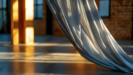 A beautiful scene capturing sunlight filtering through soft drapery in a modern interior, creating a warm and inviting atmosphere filled with gentle shadows.の素材