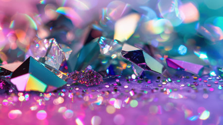 A stunning close-up of colorful shiny gems scattered across a surface, creating a vibrant kaleidoscope of light and reflections perfect for creative projects.の素材