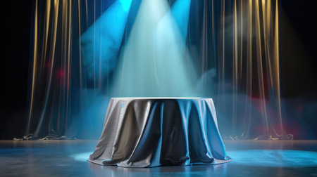 A captivating scene featuring a round table draped in a silky cloth, illuminated by blue and yellow lights, creating an aura of mystery and anticipation.の素材