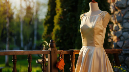 A stunning wedding dress elegantly displayed on a mannequin outdoors, surrounded by lush greenery, capturing the essence of bridal beauty and style in natural light.の素材