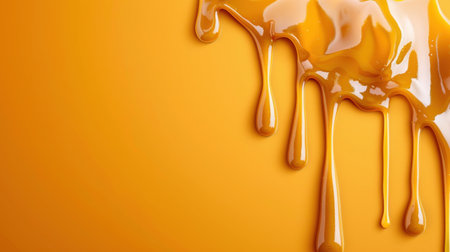 A visually stunning image of smooth caramel sauce dripping down a vibrant orange background, perfect for culinary projects, dessert promotions, and food-related content.の素材