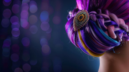 This stunning image features a woman's elegant hairstyle, showcasing vibrant purple and blue colors with intricate braiding and an eye-catching accessory.の素材