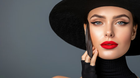 A stunning portrait of an elegant woman wearing a stylish black hat and featuring bold red lips. The model conveys confidence and grace against a soft grey backdrop.の素材