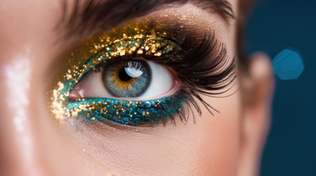This stunning close-up showcases vibrant eye makeup featuring sparkling glitter and long, dramatic eyelashes, highlighting beauty and allure.の素材