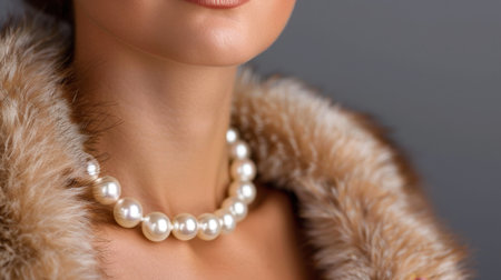 A captivating close-up portrait of a woman showcasing an exquisite pearl necklace, radiating elegance against a muted gray background. The soft fur collar enhances her sophisticated charm, perfect for fashion and beauty themes.の素材
