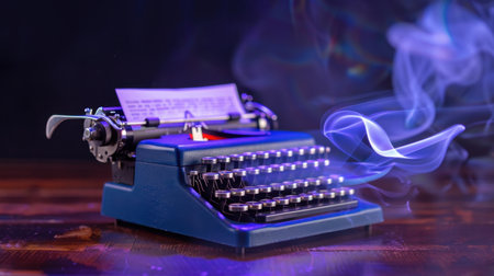 A stunning vintage typewriter sits on a wooden surface, emitting soft smoke that enhances the artistic atmosphere, perfect for creative projects and inspiration.の素材