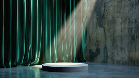 A striking empty stage featuring a round platform illuminated by a spotlight, surrounded by lush green curtains and a textured wall, creating a dramatic atmosphere.の素材