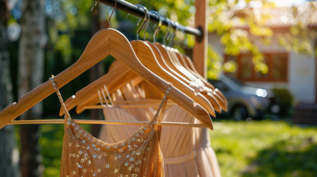 A sparkling golden dress with sequins hangs prominently on a wooden clothes rack, set against a lush green background. The warm sunlight enhances the vibrant colors, creating a perfect outdoor shopping scene.の素材