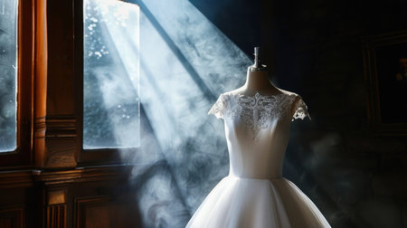 This captivating image showcases an elegant wedding dress illuminated by gentle sunlight rays, surrounded by soft smoke, creating a magical atmosphere perfect for bridal fashion inspiration.の素材
