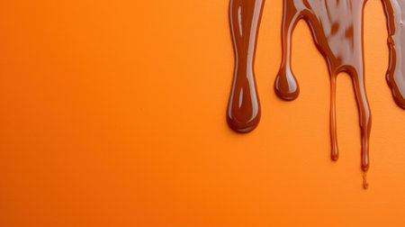 This image features rich melted chocolate dripping onto a vibrant orange background, creating a visually striking contrast ideal for food photography, design projects, or culinary concepts.の素材