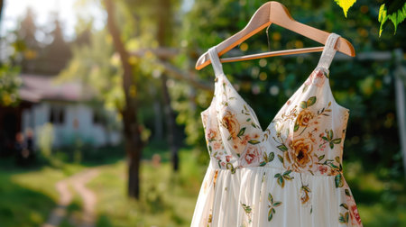A delicate floral dress elegantly hangs on a wooden hanger in a sunlit garden, capturing the essence of summer fashion against a tranquil backdrop.の素材
