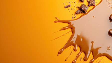 A vivid splash of rich chocolate flows across a bright orange background, complemented by scattered cocoa pieces, perfect for culinary designs and dessert themes.の素材