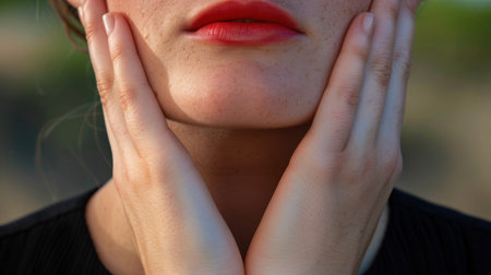 A close-up image of a woman's face highlighted by red lipstick and charming freckles, with her hands gently framing her cheeks in soft natural light.の素材