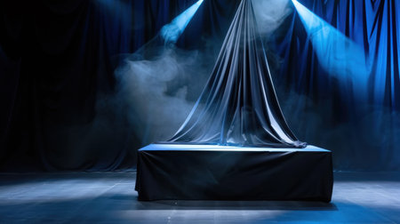 This captivating stage setup features a mysterious arrangement with ambient lighting and smoke, ideal for theater productions and dramatic performances.の素材