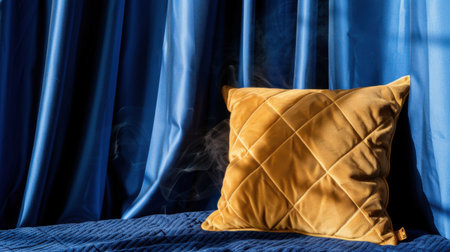 A vibrant yellow pillow rests elegantly against a deep blue curtain backdrop, with soft smoke curling around it, adding a cozy and tranquil atmosphere.の素材