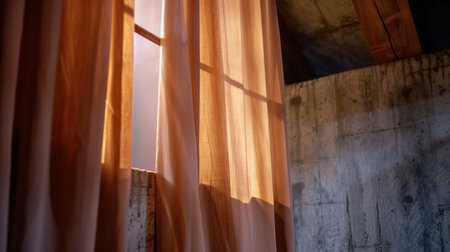 A captivating scene featuring warm light filtering through sheer curtains, showcasing a blend of rustic interior elements with a concrete wall and wooden beams, creating a serene and cozy atmosphere perfect for contemplation.の素材