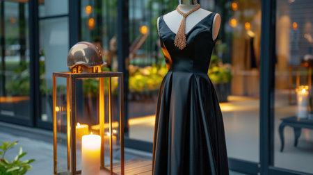 A stunning black dress showcased on a mannequin in a contemporary boutique, paired with elegant accessories, highlighting sophistication and style.の素材