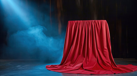 This image features an elegant red drapery covering a pedestal on a stage, illuminated by dramatic lighting with soft blue smoke. Perfect for event presentations.の素材
