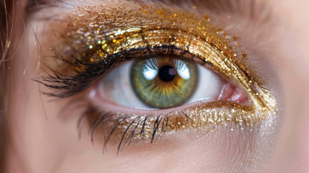 This close-up image features a stunning eye adorned with glamorous gold glitter makeup. The vibrant colors and intricate details create an expressive and artistic look ideal for beauty and fashion themes.の素材