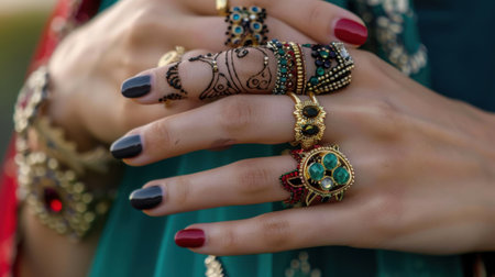 An elegant hand showcasing an array of colorful rings and stunning henna designs accompanied by vibrant nail polish, embodying cultural beauty.の素材