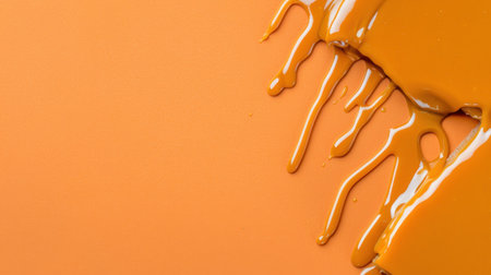 A close-up view of a rich orange sauce dripping down a smooth surface, creating a vibrant and artistic visual for culinary inspiration and food photography.の素材
