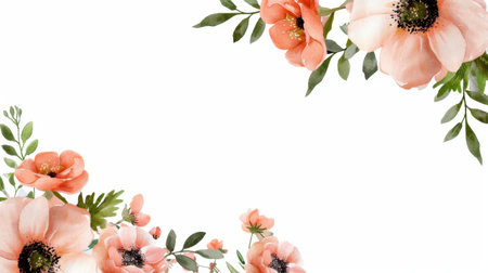 A delicate and vibrant floral border featuring soft peach flowers and green leaves on a clean white background, perfect for invitations, cards, and wall art.の素材