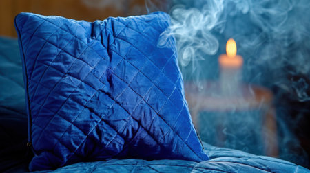 This image showcases a cozy blue pillow surrounded by soft smoke and warm candlelight, creating a tranquil and inviting atmosphere perfect for relaxation.の素材