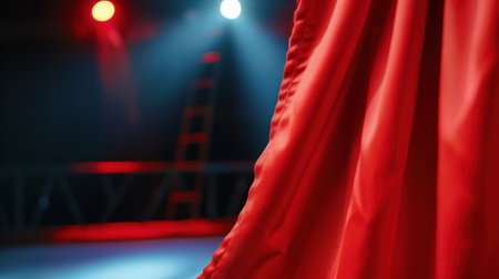 This image captures a close-up view of a striking red curtain in a performance venue, accentuated by dramatic lighting and shadows. Ideal for art and theater themes.の素材