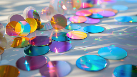 Captivating image of colorful reflective circles creating a mesmerizing holographic effect on a light background suitable for creative design and decoration.の素材