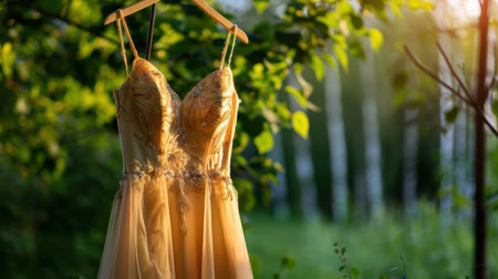 This image features an elegant golden dress hanging gracefully from a tree branch, set against a vibrant green forest backdrop illuminated by soft sunlight.の素材
