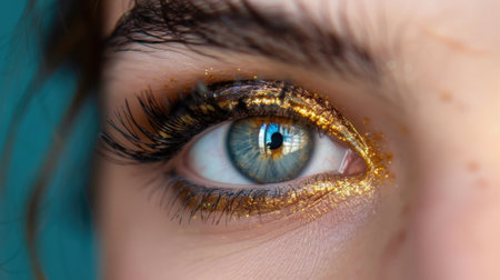 A stunning close-up image capturing the intricate details of an eye adorned with sparkling gold eyeliner, set against a vibrant background. This shot highlights the beauty of makeup artistry and the allure of expressive eyes.の素材