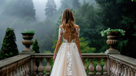 A stunning bride stands gracefully in her elegant gown amidst a dreamy garden, enveloped in misty forest scenery, creating a magical, romantic atmosphere.の素材