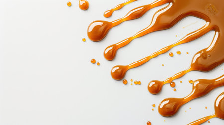 This image showcases golden syrup artistically dripped onto a pristine white surface, highlighting the glossy texture and vibrant color of the sweet liquid.の素材
