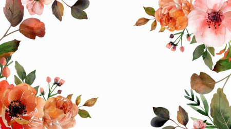 This beautiful watercolor floral border features soft pink and orange flowers with green leaves, perfect for enhancing invitations, cards, or decor.の素材