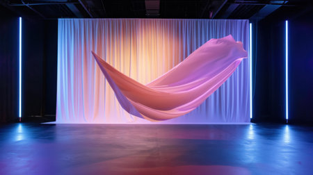 A stunning display of flowing fabric captured in a minimalist studio setting. The soft gradient backdrop and dramatic lighting create an elegant and artistic atmosphere.の素材