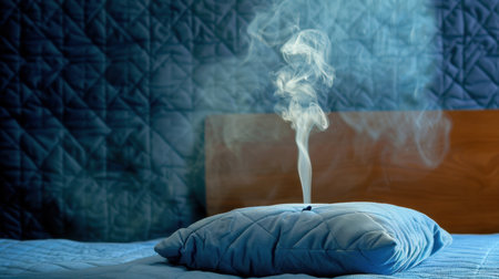 A serene scene showcasing delicate wisps of smoke rising above a pillow in a cozy bedroom, evoking a sense of calm and tranquility.の素材