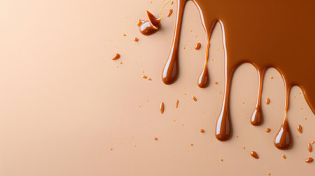 This captivating image features smooth chocolate droplets cascading down a soft beige background, creating an appealing and indulgent visual effect.の素材