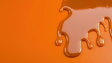 This image features a glossy liquid spill on a vivid orange background, creating a striking abstract design perfect for modern art and creative projects.の素材